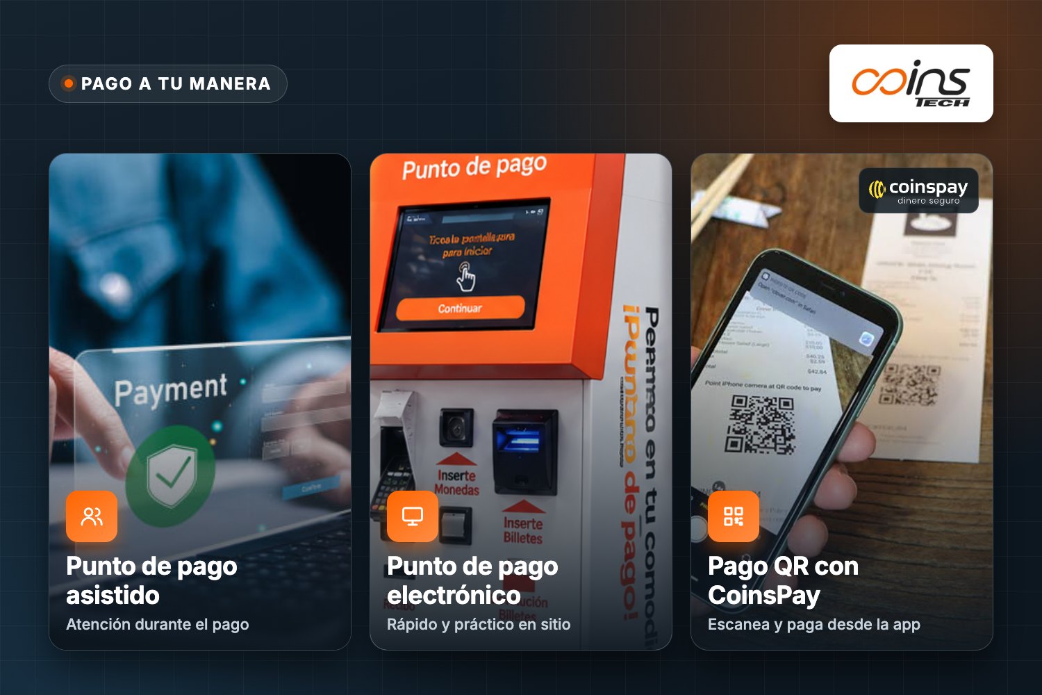 Opciones de pago COINS TECH: punto de pago asistido, punto de pago electrónico y pago QR con CoinsPay