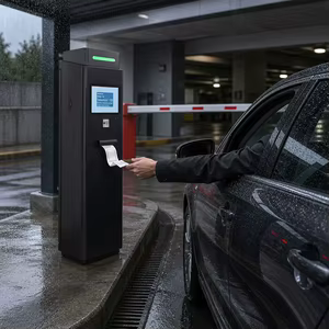 Acceso vehicular con dispensador de tickets y talanquera