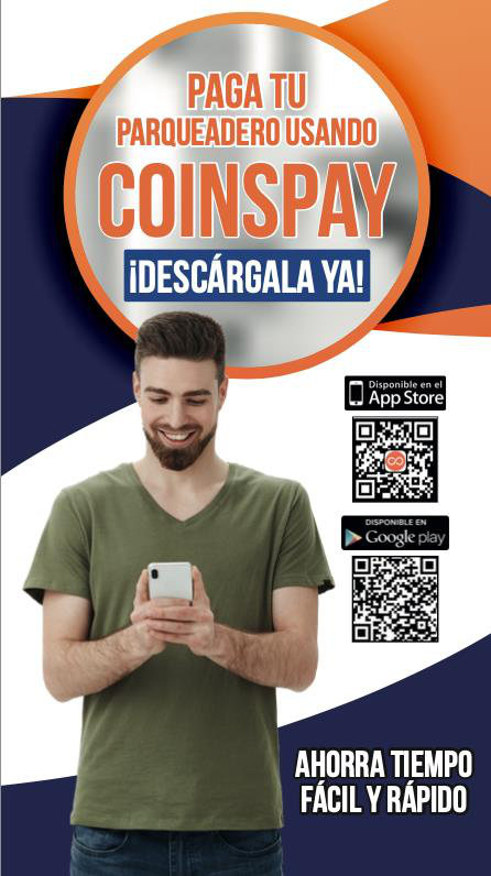 Pieza de CoinsPay: paga tu parqueadero usando CoinsPay, disponible en App Store y Google Play